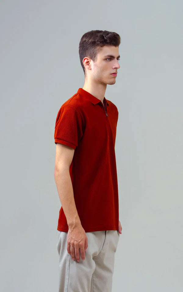 TEXTURED ZIPPER POLO RUST