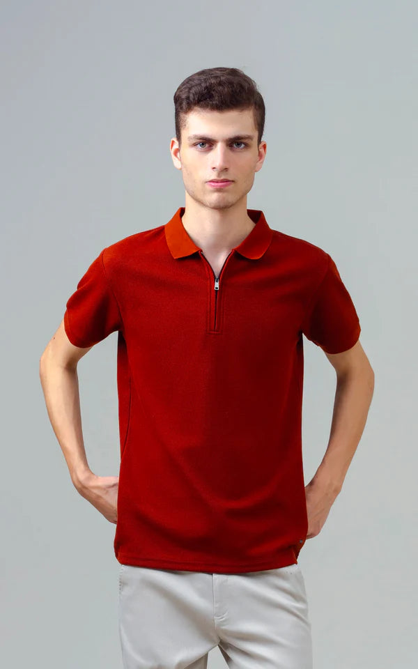 TEXTURED ZIPPER POLO RUST