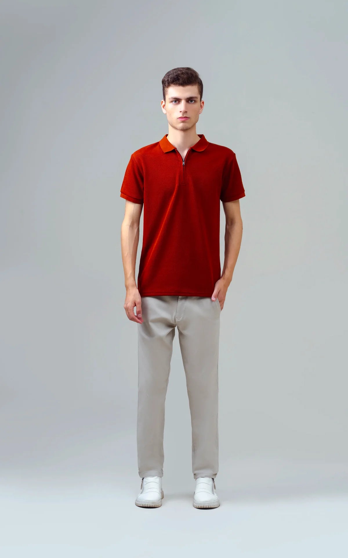 TEXTURED ZIPPER POLO RUST