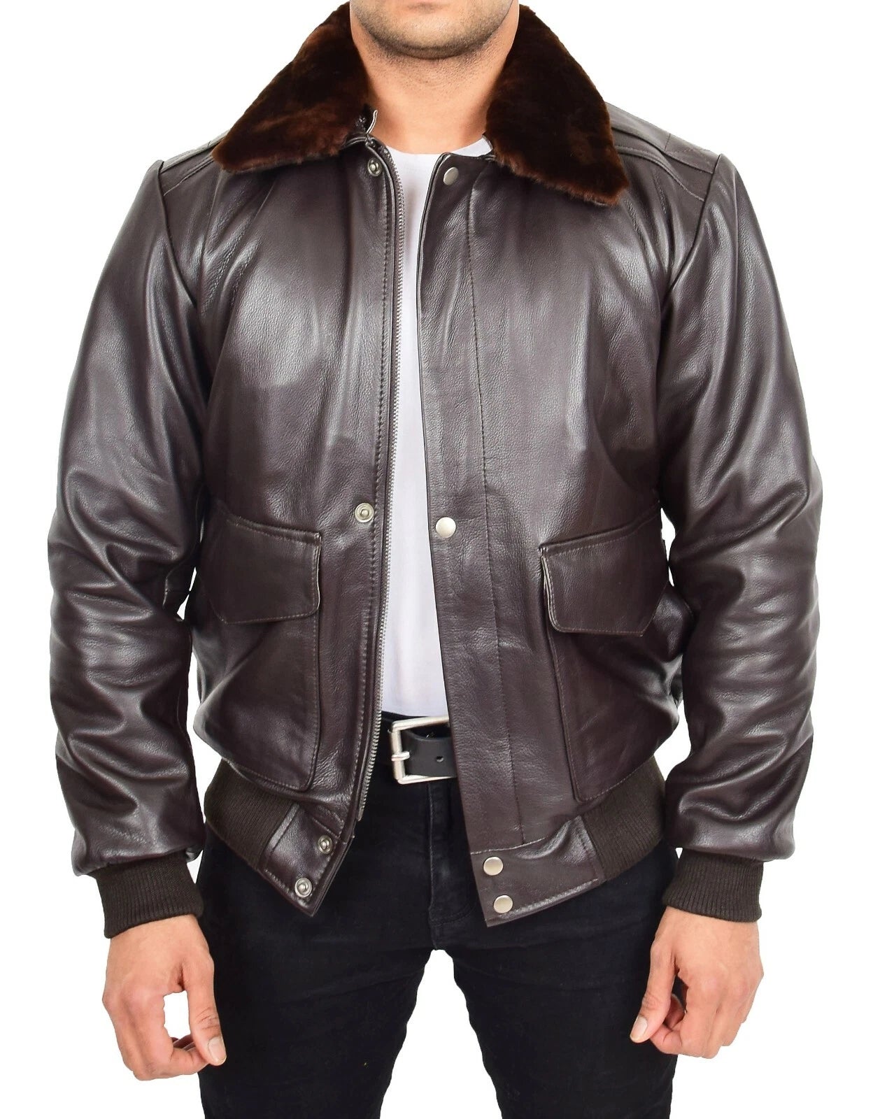 Mens Genuine Cowhide Flight Jacket Brown Leather Pilot Sheepskin Collar Bomber