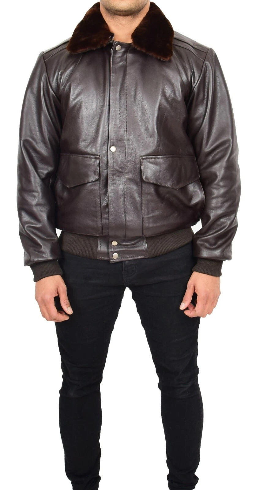 Mens Genuine Cowhide Flight Jacket Brown Leather Pilot Sheepskin Collar Bomber